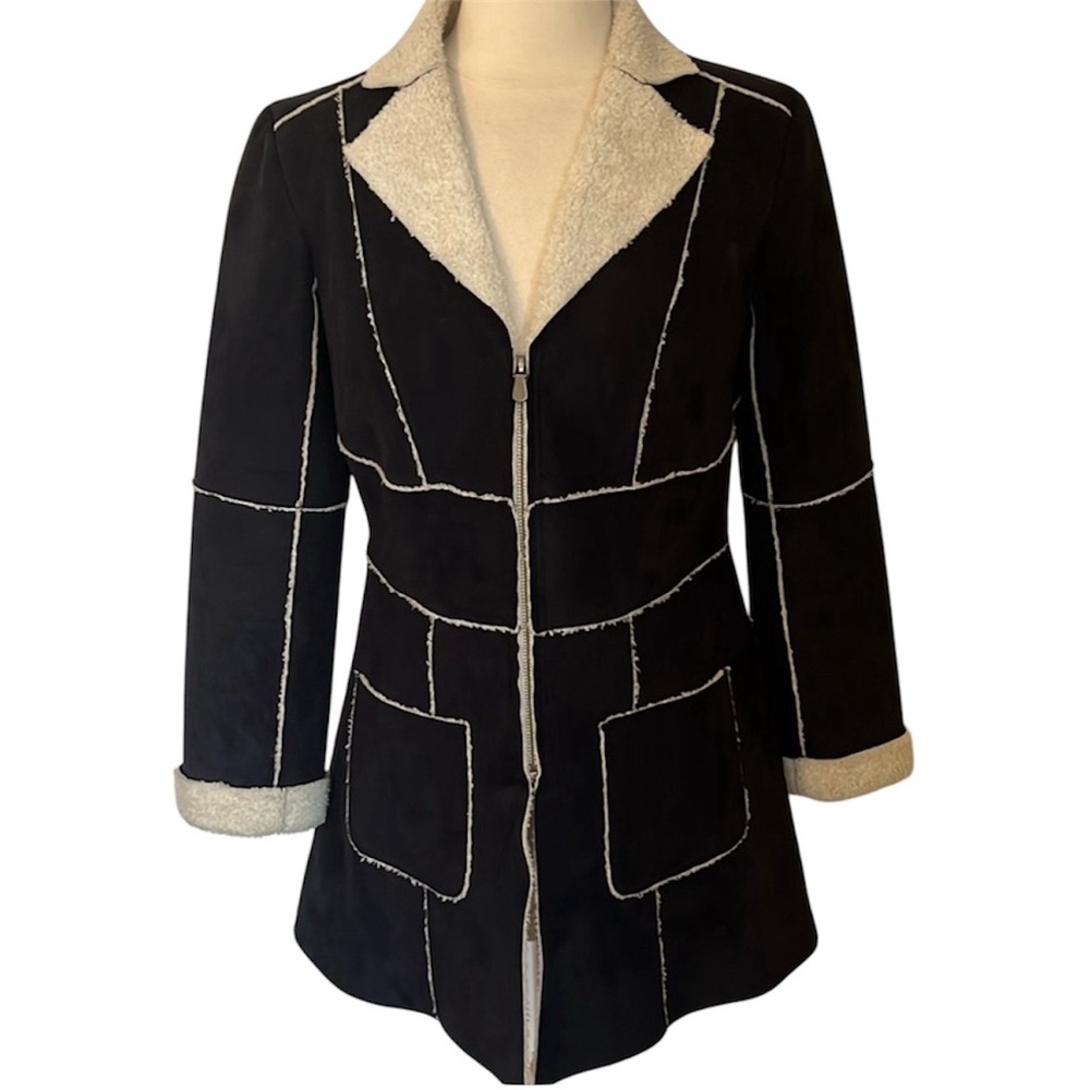 Nic + Zoe Black Faux Suede Coat w/ivory Sherpa detail & lining Zipper Size Small
